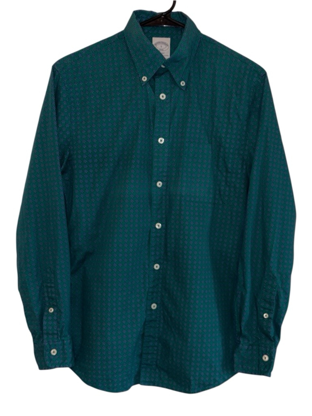 Brooks Brothers 1818 Regent Mens Small Green Blue Geometric Print Cotton Button